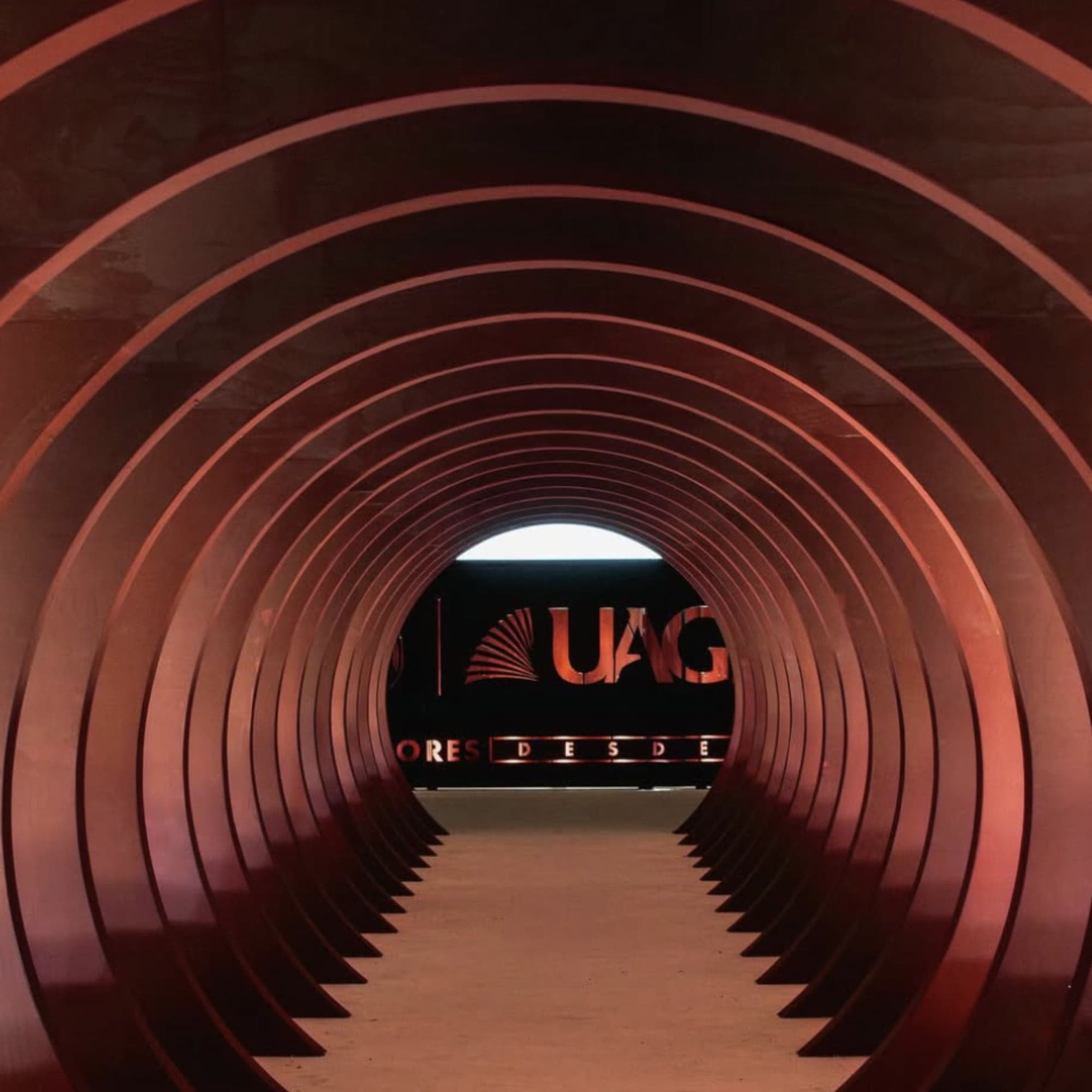 Túnel de arcos color cobre que conduce a un escenario iluminado para un evento corporativo